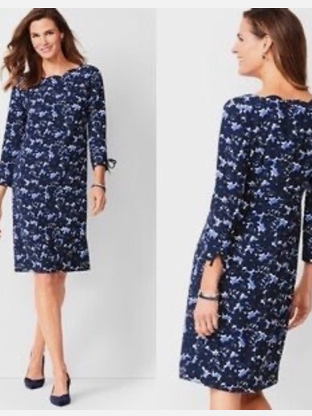 Talbots Navy and Light Blue Floral Long-Sleeve Shift Dress